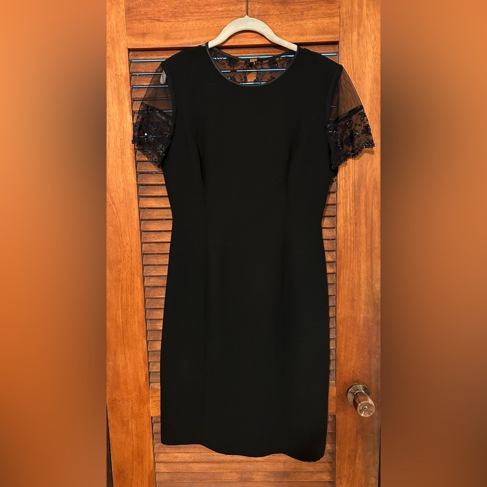 VINTAGE DONNA MORGAN Black Sheath Dress w Sheer Floral Beaded Sleeves Sz 8